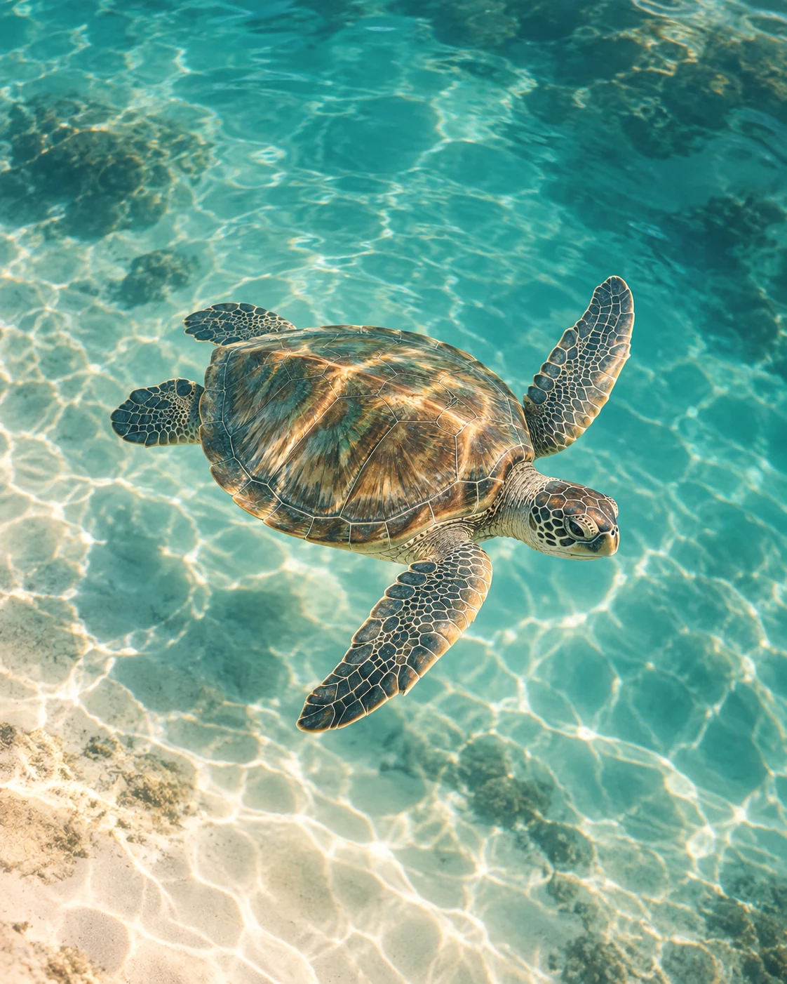 Tortue marine dans les eaux claires d’un lagon