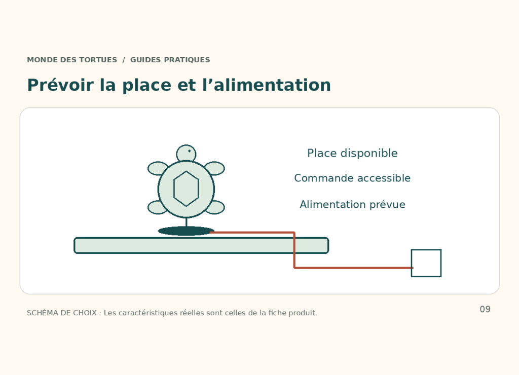 Schéma d’une lampe sur un meuble avec accès à la commande et chemin du câble.