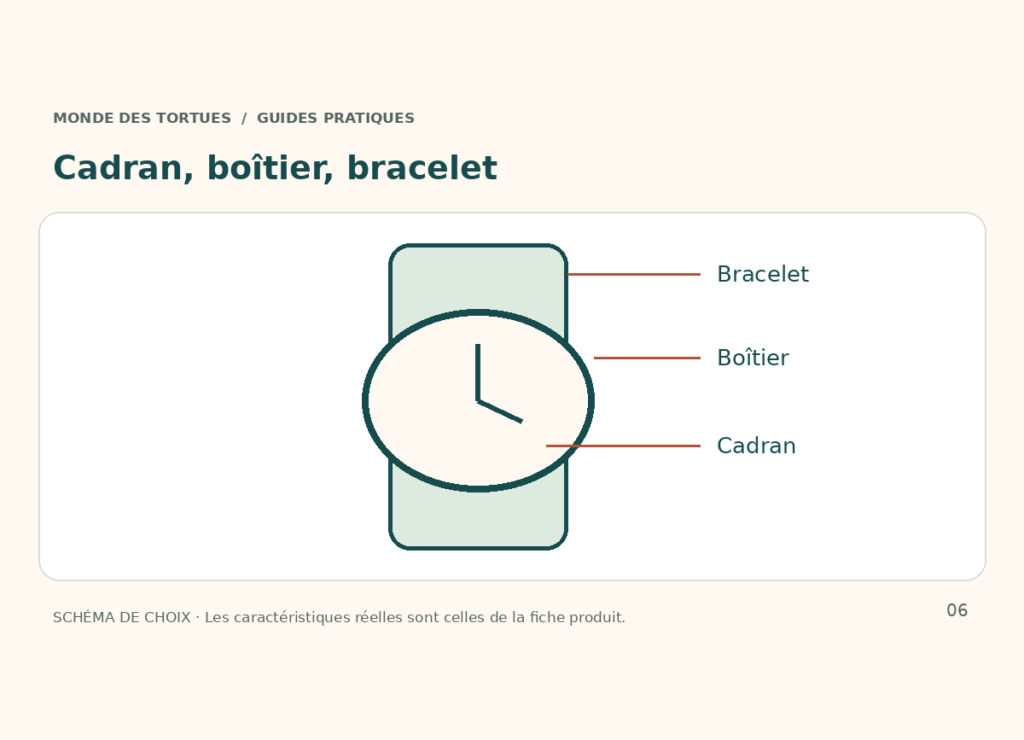 Schéma d’une montre distinguant le cadran, le boîtier et le bracelet.