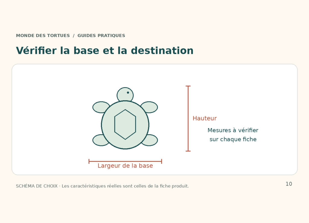 Schéma d’une tortue à poser, avec repères de largeur de base et hauteur totale.
