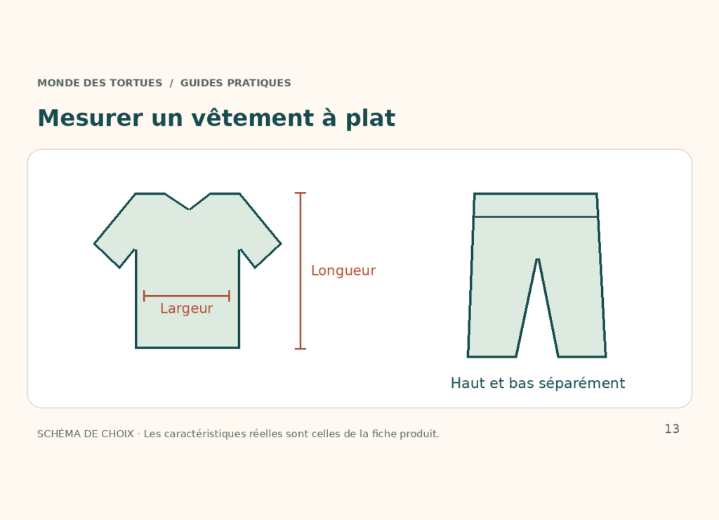 Schéma d’un haut et d’un pantalon à plat : largeur et longueur à comparer au tableau du modèle.