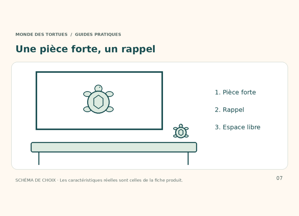 Composition schématique : tableau principal, meuble dégagé et petite tortue en rappel.