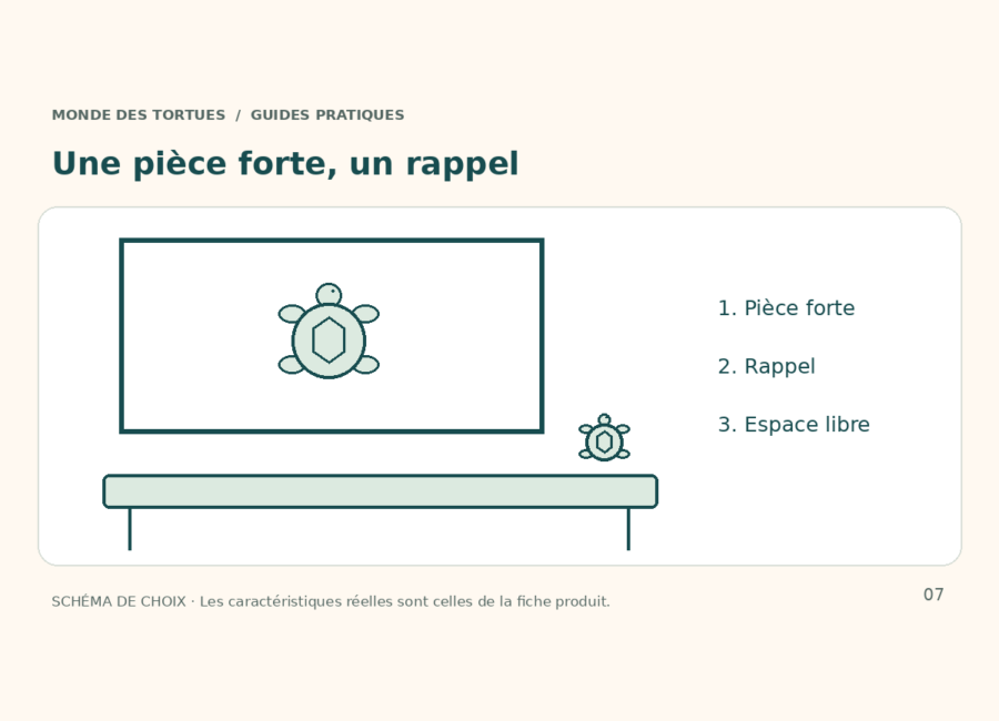 Composition schématique : tableau principal, meuble dégagé et petite tortue en rappel.