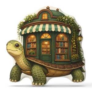 Coussin imprimé tortue et bibliothèque sur fond clair
