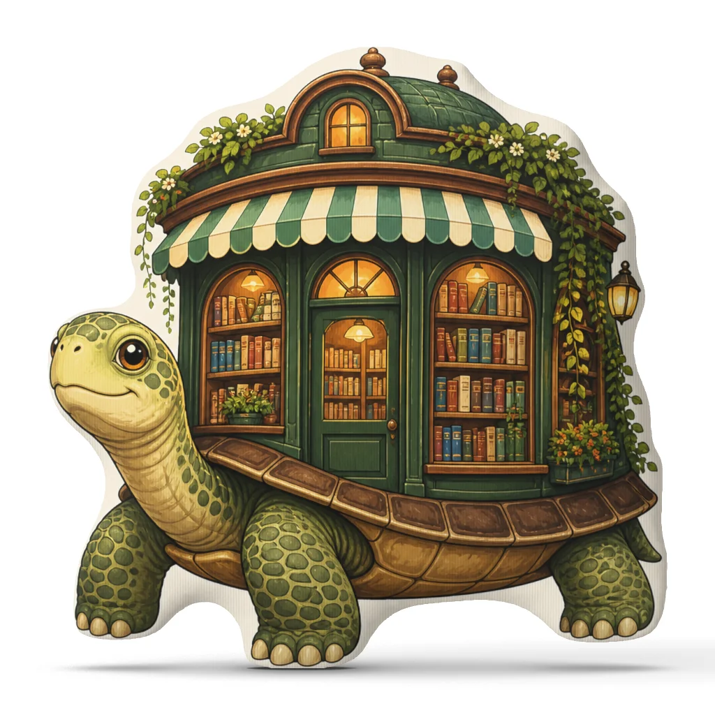 Coussin imprimé tortue et bibliothèque sur fond clair
