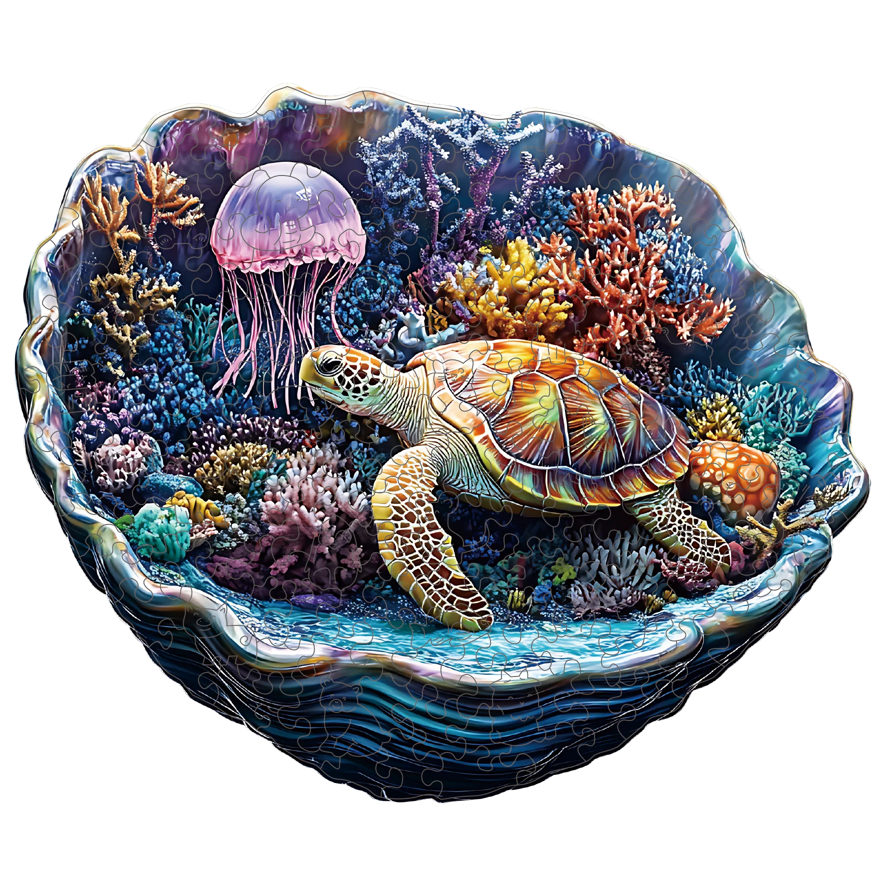 Puzzle illustrant une tortue et un récif marin dans une composition arrondie