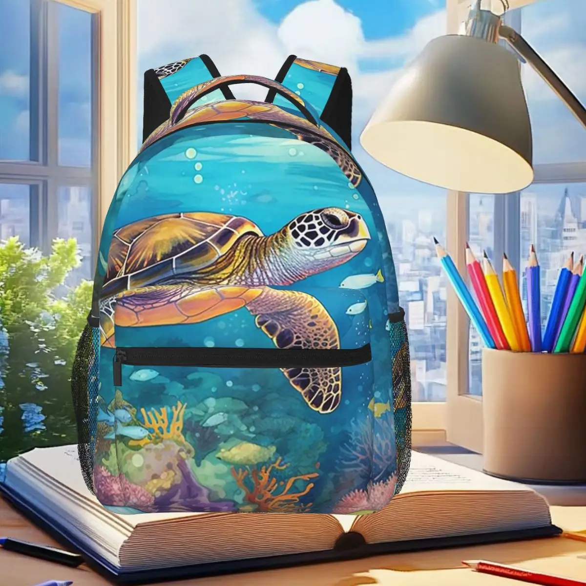 Sac à dos illustré d’une tortue et d’un paysage sous-marin, posé sur un bureau