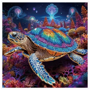 Motif de peinture diamant avec tortue marine multicolore dans un décor sous-marin