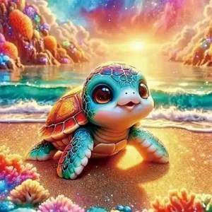 Motif de kit de peinture diamant avec petite tortue colorée sur une plage