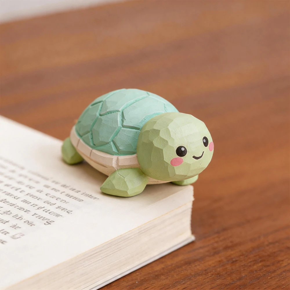 Petite tortue décorative verte posée sur les pages d’un livre