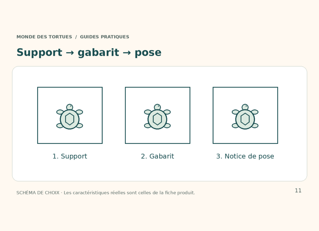 Trois étapes schématiques : identifier le support, préparer le placement, suivre la notice de pose.