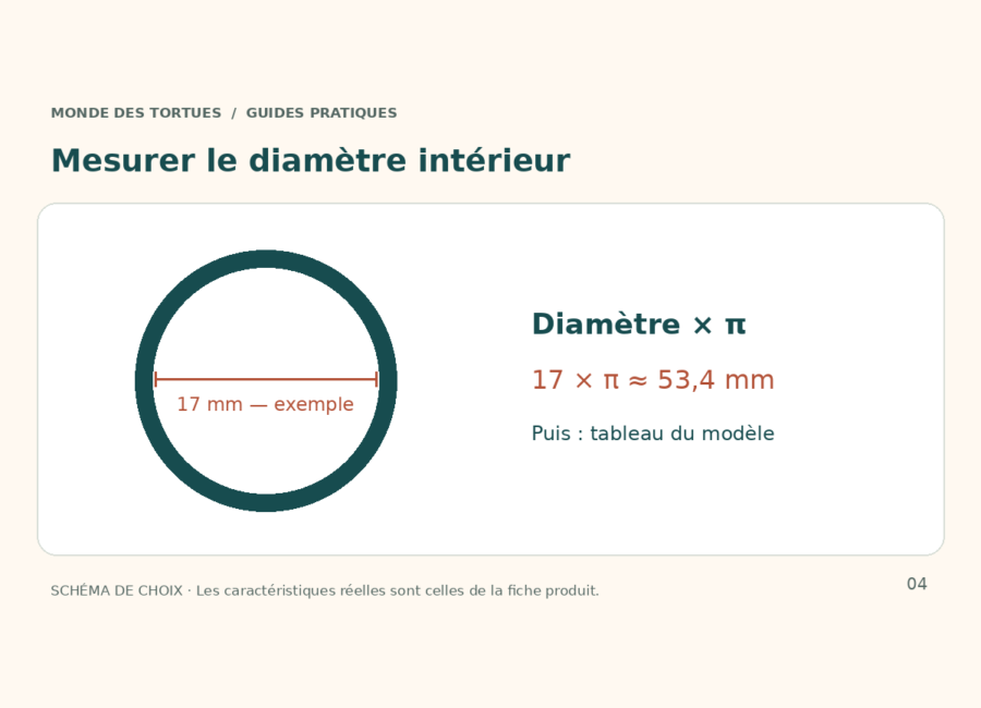 Schéma d’un diamètre intérieur de 17 mm donnant une circonférence théorique de 53,4 mm.